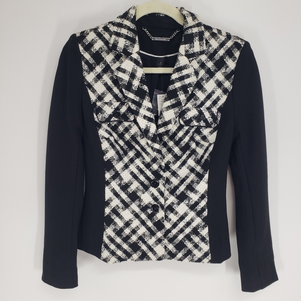 White House Black Market Plaid Tweed Knit Panel Blazer Women Size 4 Black White